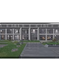 Modern Residential Building Exterior With Large Glass Windows Courtyard Greenery And Water Features