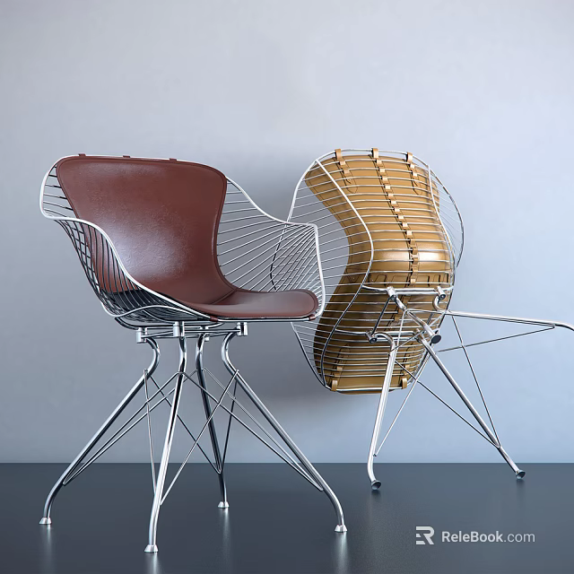 Modern Office Chairs Two Brown Leather And Yellow Woven With Metal Frame 3d model 