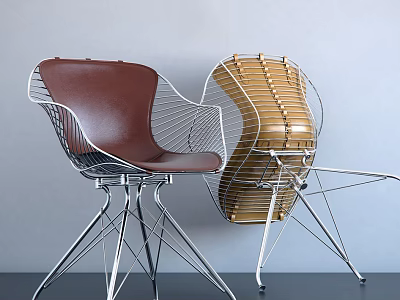 Modern Office Chairs Two Brown Leather And Yellow Woven With Metal Frame 3d model