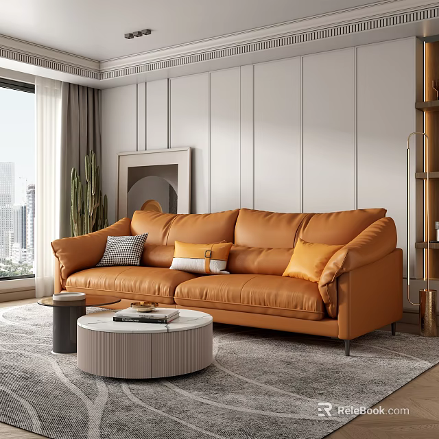 Orange Double Sofa With Decorative Pillows Round Coffee Table And City View Through Window 3d model 