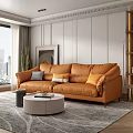 Orange Double Sofa With Decorative Pillows Round Coffee Table And City View Through Window