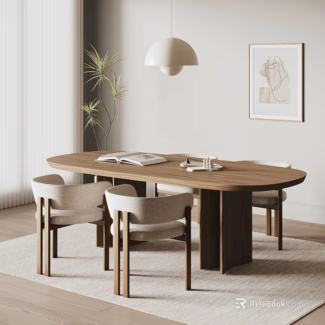 Modern Oval Wooden Dining Table And Chairs With Light Seats Pendant Light Potted Plant 3d model 