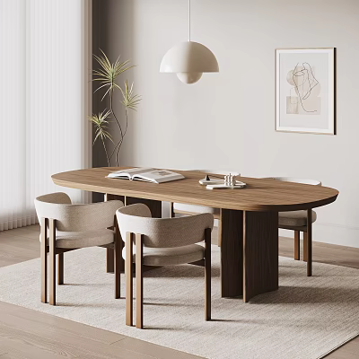 Modern Oval Wooden Dining Table And Chairs With Light Seats Pendant Light Potted Plant 3d model