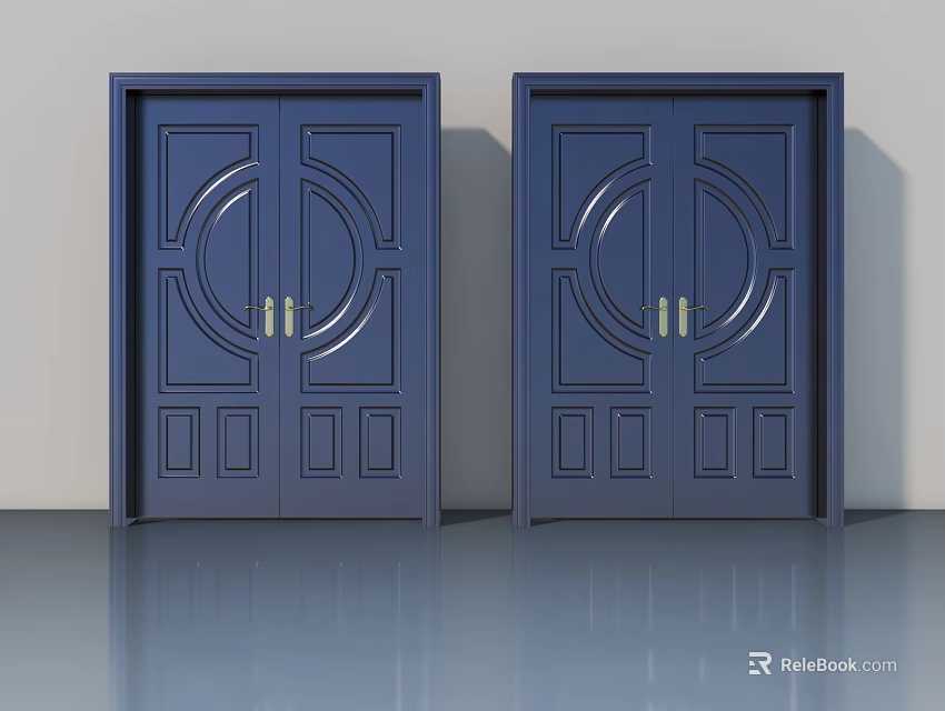 Dark Blue Swing Doors With Decorative Circular Patterns And Golden Handles 3d model 