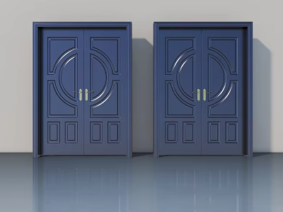 Dark Blue Swing Doors With Decorative Circular Patterns And Golden Handles 3d model