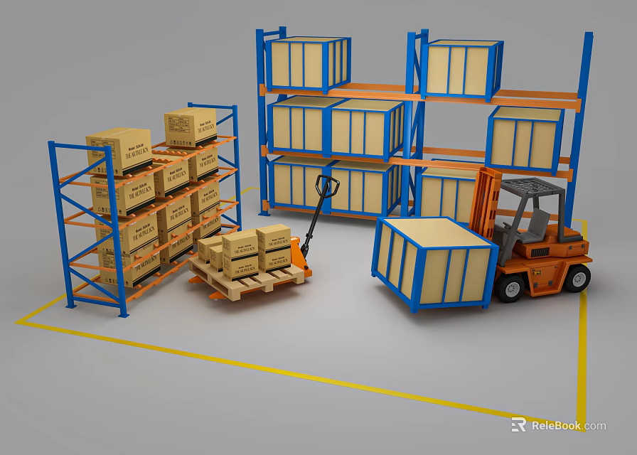 Metal Storage Racks Loaded With Cardboard Boxes And Forklift In Warehouse 3d model 