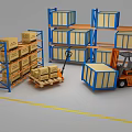 Metal Storage Racks Loaded With Cardboard Boxes And Forklift In Warehouse