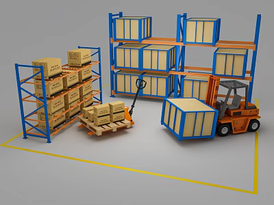 Metal Storage Racks Loaded With Cardboard Boxes And Forklift In Warehouse 3d model