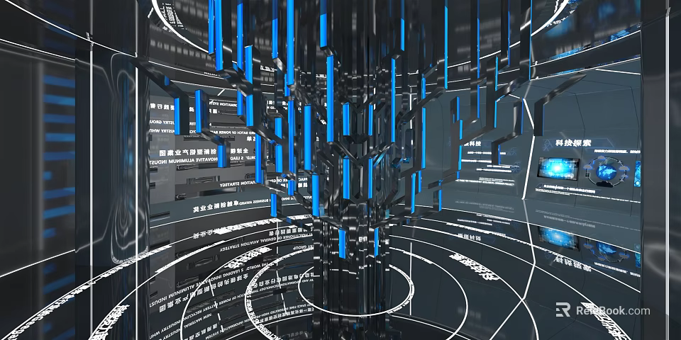 Futuristic Digital Tech Space With Blue Light Pillars Black Reflective Surfaces And Circular Patterns 3d model