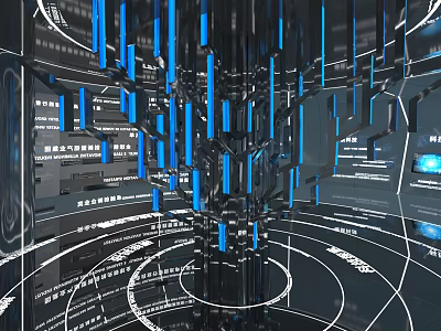 Futuristic Digital Tech Space With Blue Light Pillars Black Reflective Surfaces And Circular Patterns 3d model