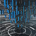 Futuristic Digital Tech Space With Blue Light Pillars Black Reflective Surfaces And Circular Patterns 3d model