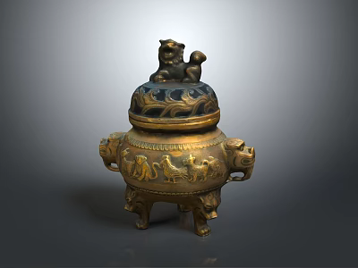Antique Bronze Decorative Furniture Ornament With Animal Carvings Lid Handles And Three Legs 3d model