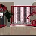 Red Mall Counter Display With Green Plant And Decorative Panel Design 3d model