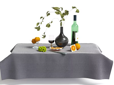 Fresh Fruits Table Setting With Oranges Grapes Sliced Oranges Gray Tablecloth And Green Wine Bottle 3d model