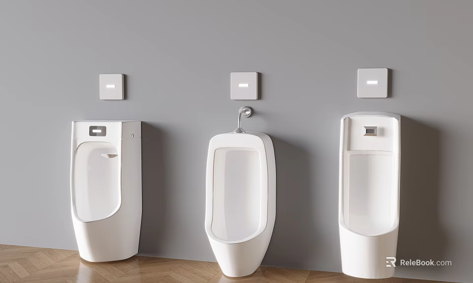 Three White Urinals Mounted On Grey Wall With Square Panels Above And Wooden Floor 3d model 
