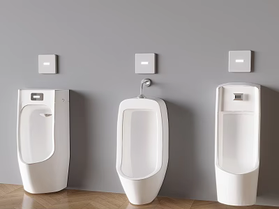 Three White Urinals Mounted On Grey Wall With Square Panels Above And Wooden Floor 3d model