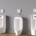 Three White Urinals Mounted On Grey Wall With Square Panels Above And Wooden Floor