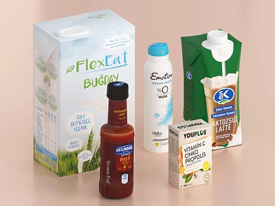 Assorted Beverages With Carton UHT Milk Bottled Mineral Water Macchiato Latte And Lemon Yogurt 3d model