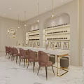 Stylish Modern Hair And Beauty Salon Interior With Pink Chairs Marble Countertops And Product Shelves
