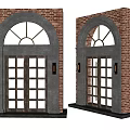 Classic Entry Door With Arched Design Wooden Frame Glass Panes And Red Brick Wall