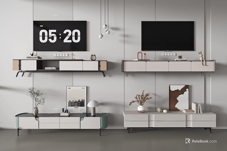 Modern TV Stand With TV Clock Decorations And Picture Frame 3d model