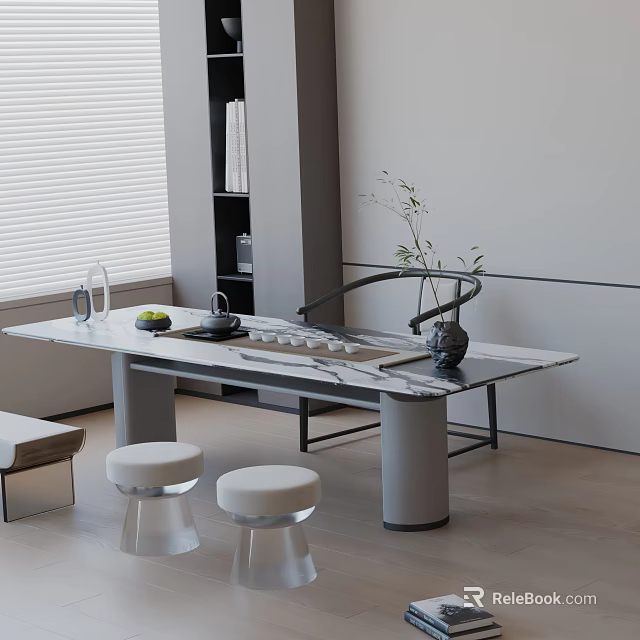 Modern Tea Room Interior With Marble Tea Table Transparent Stools And Green Plant 3d model
