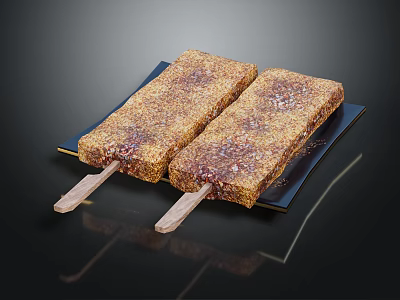 Crunchy Brown Coated Popsicles On Black Plate With Delicious Wooden Sticks 3d model