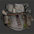 Natural Rocky Cave Entrance With Wooden Archway Lanterns Rail Tracks Mine Cart And Green Plants
