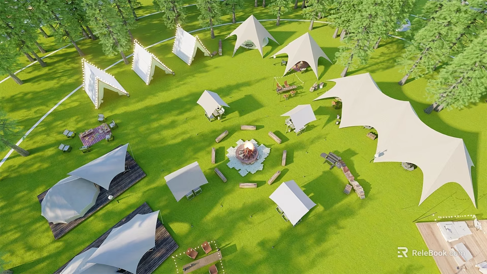 Scenic Camping Site With White Tents Green Grass Trees And Wooden Tables 3d model 