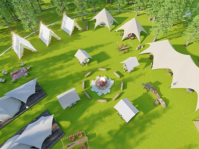Scenic Camping Site With White Tents Green Grass Trees And Wooden Tables 3d model
