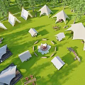 Scenic Camping Site With White Tents Green Grass Trees And Wooden Tables