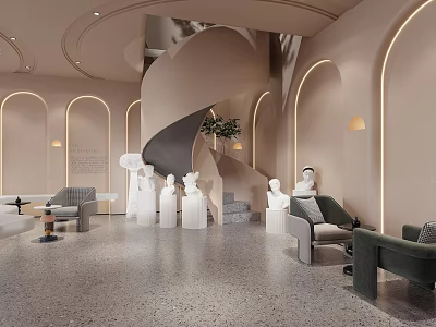 Modern Shop Reception With Spiral Staircase Sculptures Sofas And Arch Lighting 3d model