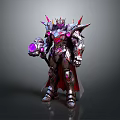 Sci Fi Mechanical Warrior Character With Spiked Head Purple Glowing Weapon And Cloak