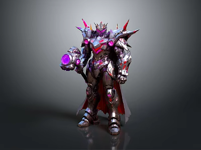 Sci Fi Mechanical Warrior Character With Spiked Head Purple Glowing Weapon And Cloak 3d model