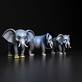 Three Blue Elephant Figurines On Black Reflective Background With Cute Design 3d model