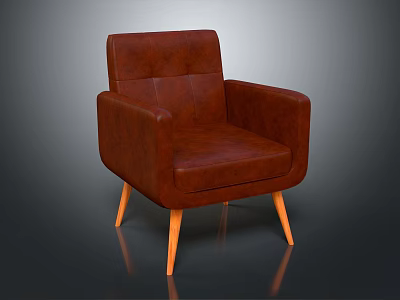 Stylish Brown Leather Single Seater Sofa With Modern Design Wooden Legs And Armrests 3d model