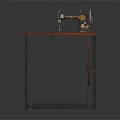 Vintage Industrial Sewing Machine with Red Tabletop Black Metal Stand and Metal Grid Shelf 3d model
