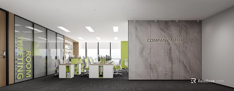 Modern Public Office Space Interior With Desks Chairs Computers Bookshelves Windows And Company Name Wall 3d model 