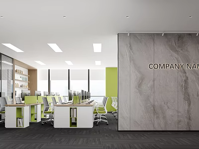 Modern Public Office Space Interior With Desks Chairs Computers Bookshelves Windows And Company Name Wall 3d model