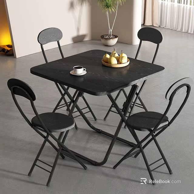 Modern Foldable Black Dining Table Set with Four Chairs Pears and Coffee Cup 3d model