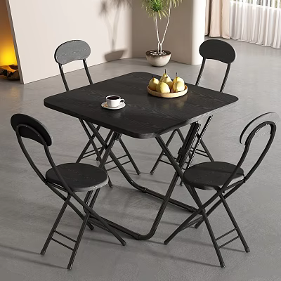 Modern Foldable Black Dining Table Set with Four Chairs Pears and Coffee Cup 3d model