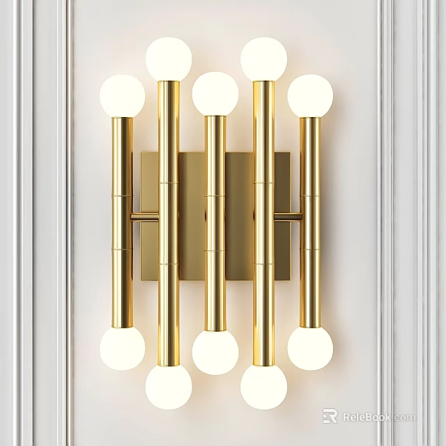 Modern Golden Wall Sconce With White Spherical Bulbs Mounted on White Wall 3d model 