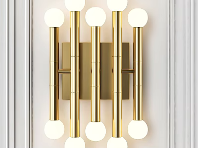 Modern Golden Wall Sconce With White Spherical Bulbs Mounted on White Wall 3d model