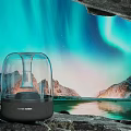 Transparent Dome Speaker Placed On Rocks With Aurora Borealis Snowy Mountains And Lake