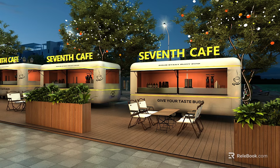 SEVENTH CAFE Food Truck Outdoor Seating Area With Decorative Lights And Trees 3d model 