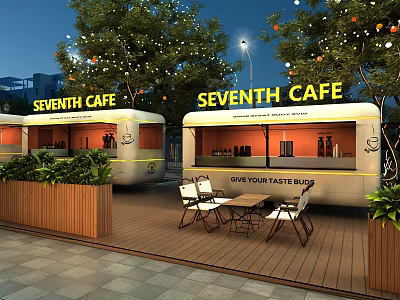 SEVENTH CAFE Food Truck Outdoor Seating Area With Decorative Lights And Trees 3d model