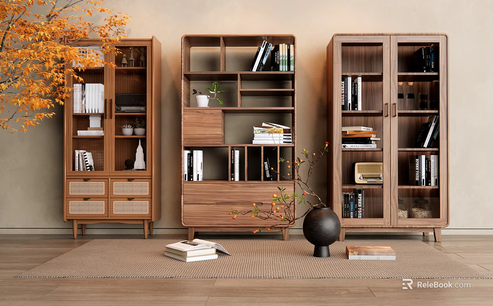 Natural Wooden Bookcases In Modern Home Interior With Open Shelves Drawers And Decorative Plants 3d model 