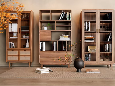 Natural Wooden Bookcases In Modern Home Interior With Open Shelves Drawers And Decorative Plants 3d model