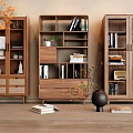 Natural Wooden Bookcases In Modern Home Interior With Open Shelves Drawers And Decorative Plants