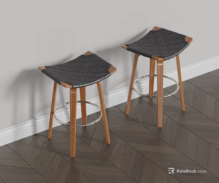 Two Modern Bar Stools With Quilted Dark Leather Seat Light Wooden Legs And Metal Footrest 3d model 